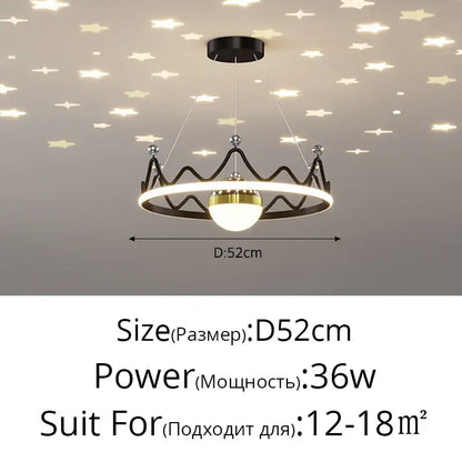 Black crown-shaped led gypsophila chandelier pendant light with gold-accented bulb and white led ring 52cm diameter