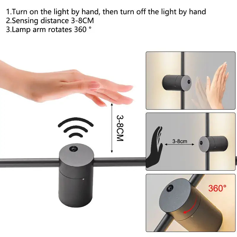 Black cylindrical decorbites led hand induction wall light with circular sensor top and 360-degree rotating arm for bedroom