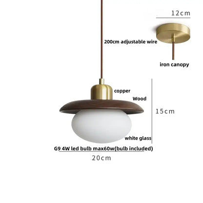 A decorbites led hanging lamp with a brass-finished copper and walnut wood shade and an oval white glass bulb