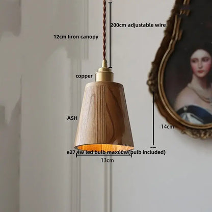 Decorbites led hanging warm-toned ash wood pendant lamp with copper finish and twisted bronze wire suspension