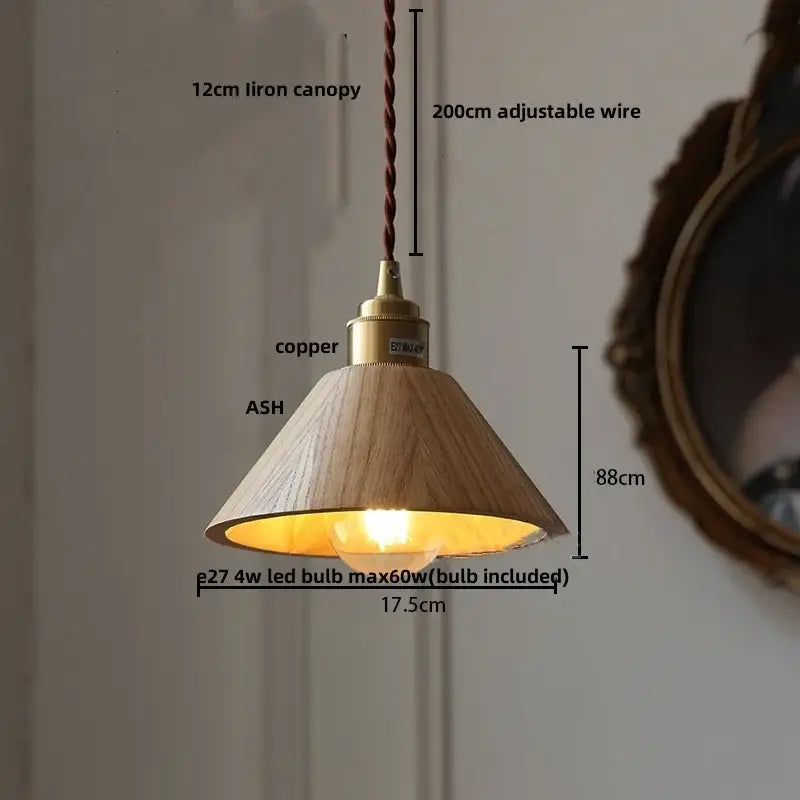 A warm-toned decorbites led hanging lamp with conical natural ash wood shade and brass-finished metal hardware