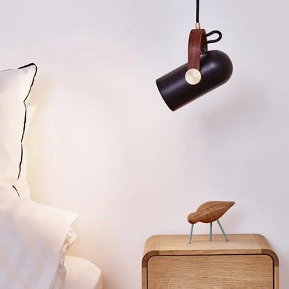 Black cylindrical pendant light with brown leather strap and brass accents decorbites led hanging lamp for dining room