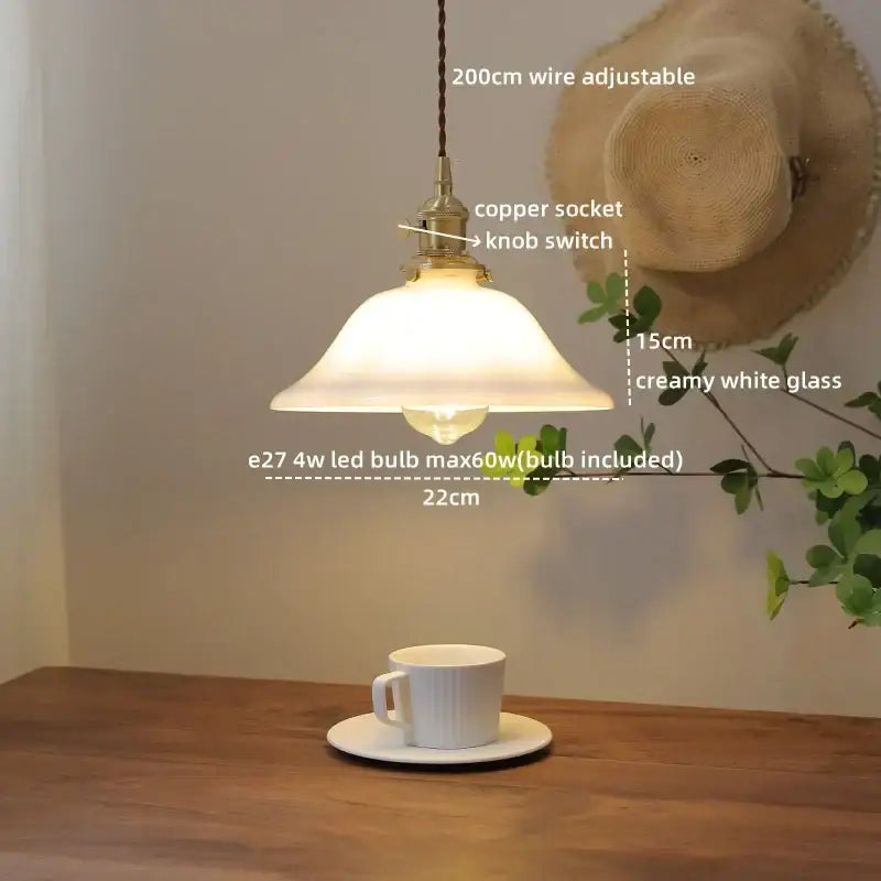Creamy white glass decorbites led hanging lamp with copper socket and knob switch on 200cm adjustable wire