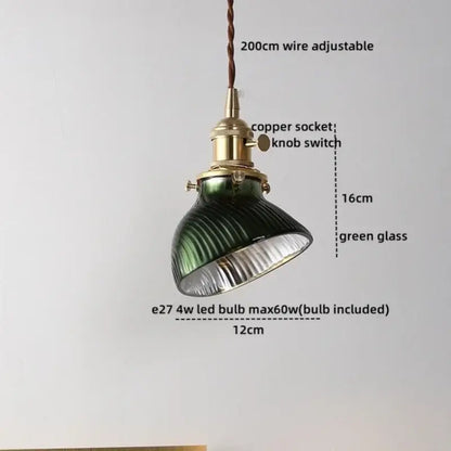 Decorbites led hanging lamp with ribbed green glass shade and brass copper socket for bedroom and living room use