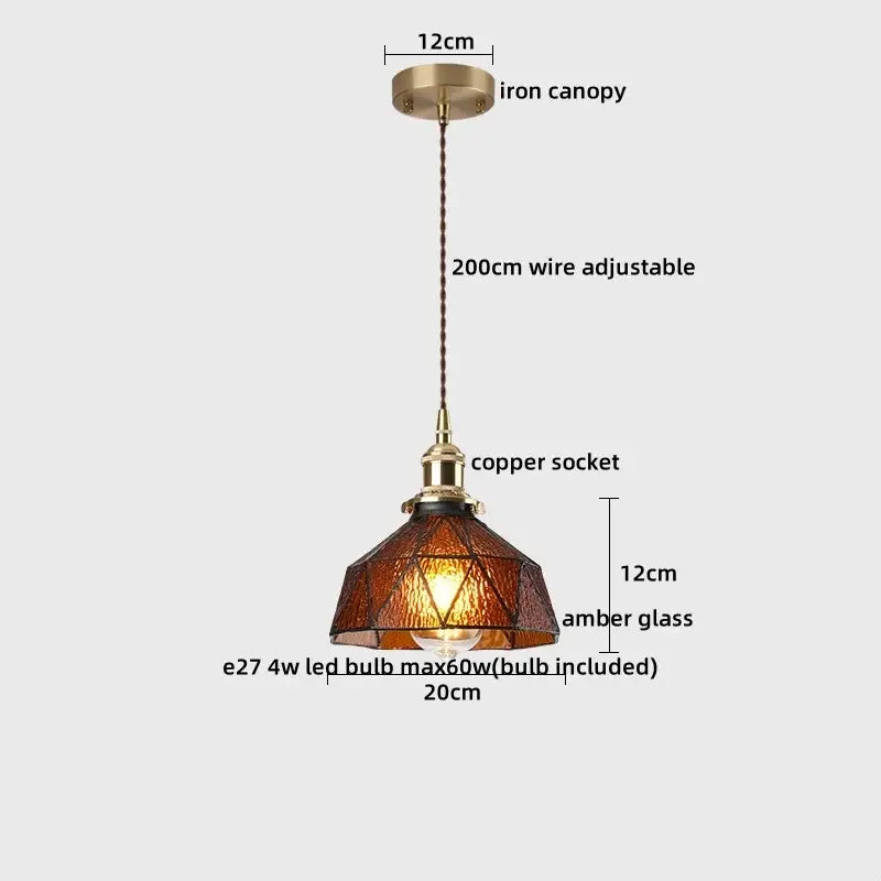DecorBites LED hanging lamp with brass iron canopy copper socket and amber stained glass shade for modern bedroom