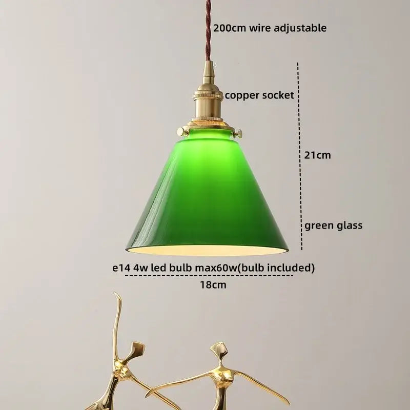 Green glass decorbites led hanging lamp with brass copper socket and adjustable wire for bedroom and living room