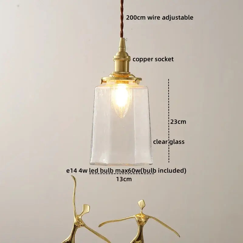 A decorbites led hanging lamp with a clear glass rectangular pendant and brass copper socket on adjustable wire