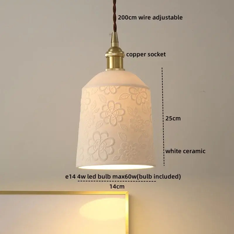 White ceramic decorbites led hanging lamp with embossed floral design brass copper socket and adjustable wire for living room