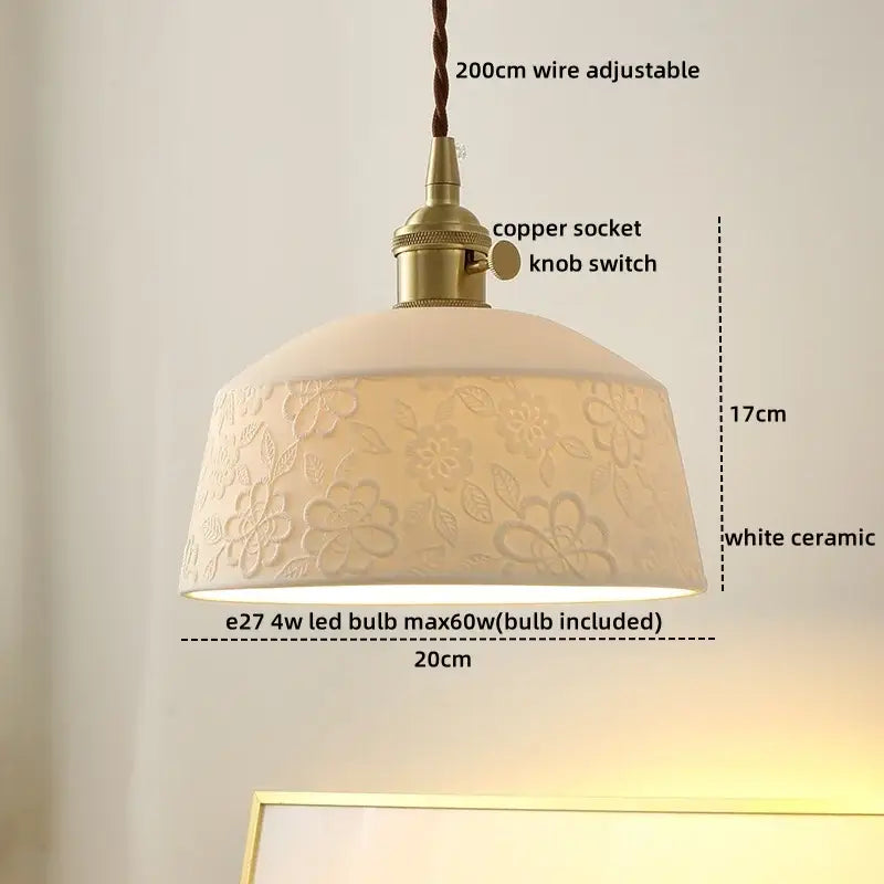 White ceramic decorbites led hanging lamp with embossed floral pattern and brass copper socket for bedroom or living room