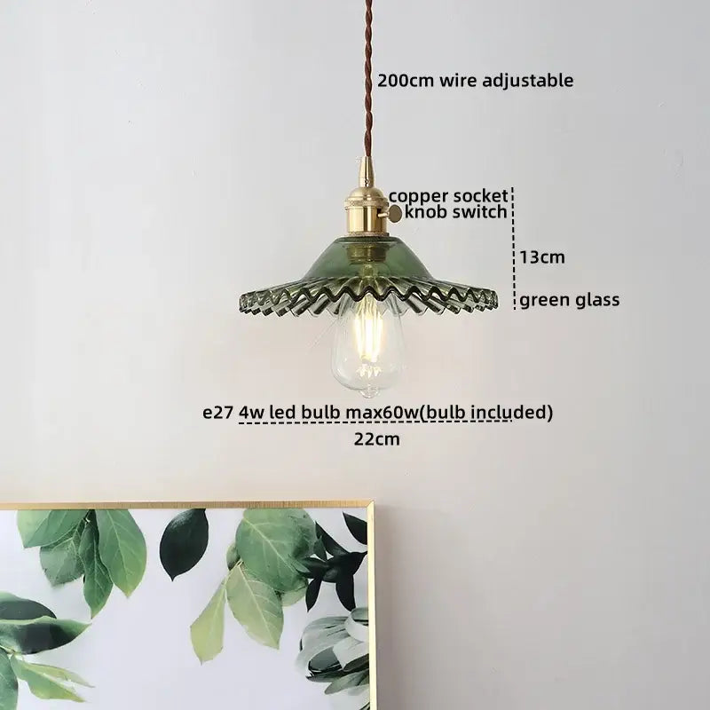 Green glass decorbites led hanging lamp with copper socket knob switch and adjustable 200cm wire for bedroom use
