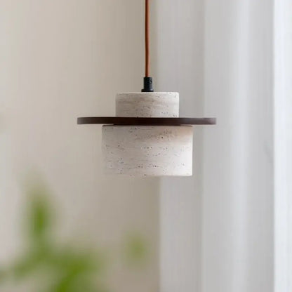 Minimalist decorbites led hanging lamp with yellow travertine concrete shade and dark wood accent ring for home decor