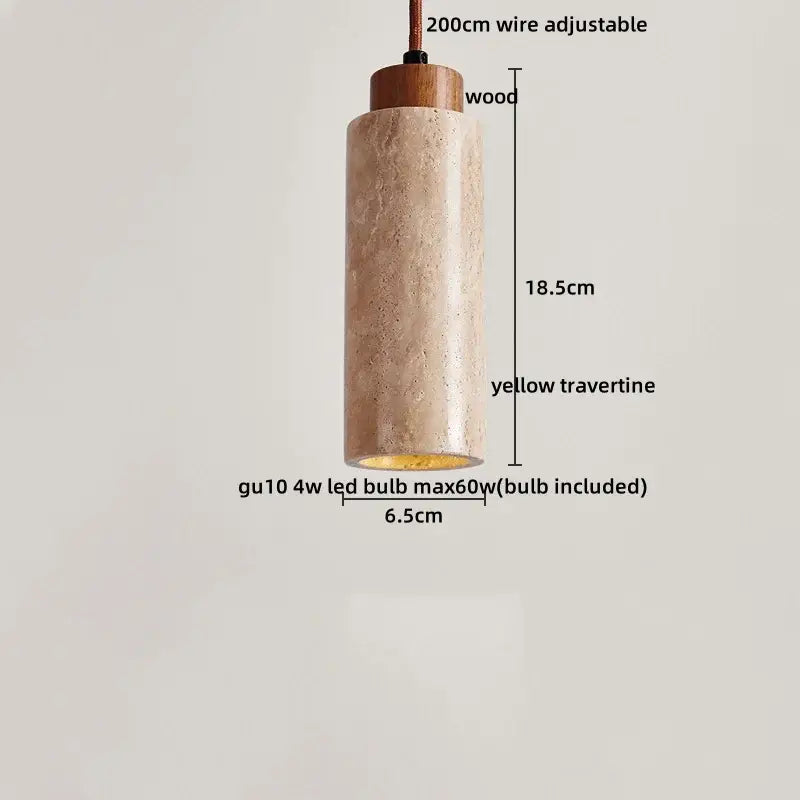 DecorBites led hanging lamp with textured yellow travertine body and wooden top featuring 200cm adjustable wire