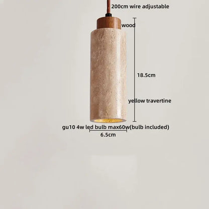 DecorBites led hanging lamp with textured yellow travertine body and wooden top featuring 200cm adjustable wire
