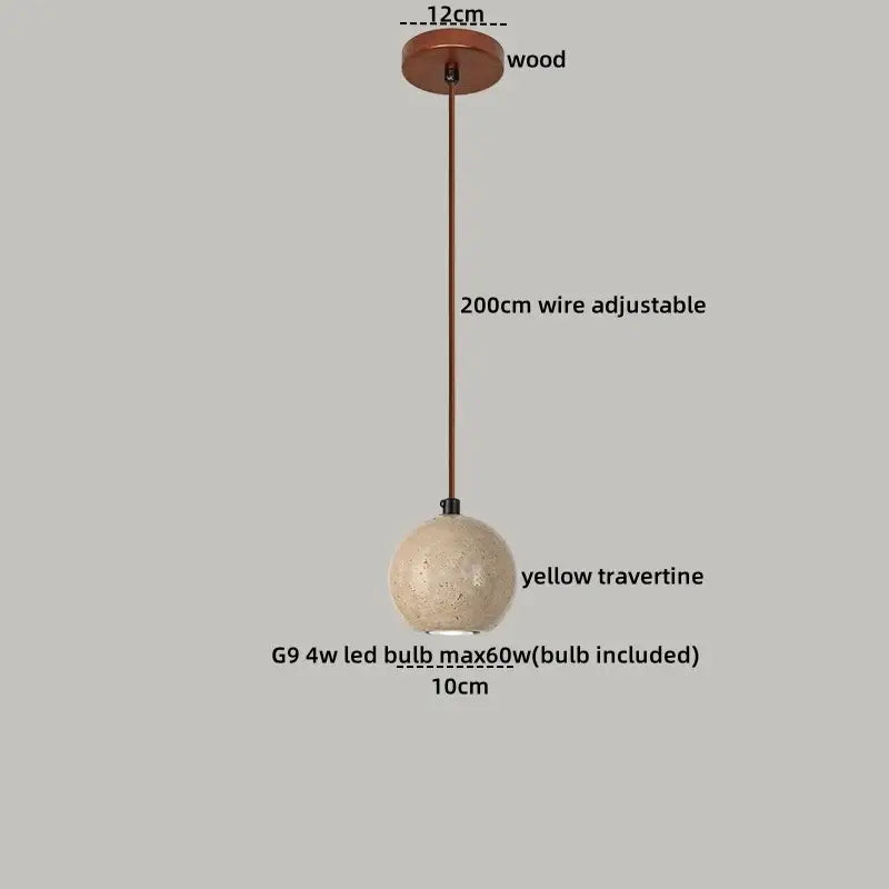 DecorBites led hanging lamp featuring a yellow spherical travertine pendant with wooden mount and copper wire