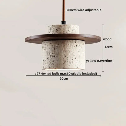 Decorbites led hanging lamp featuring a textured yellow travertine cylinder with dark wood accent for home decoration