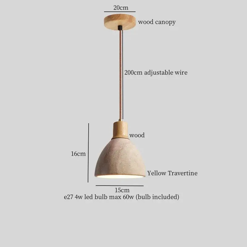 A decorbites led hanging lamp with a natural wood canopy and yellow travertine shade for bedroom or dining room