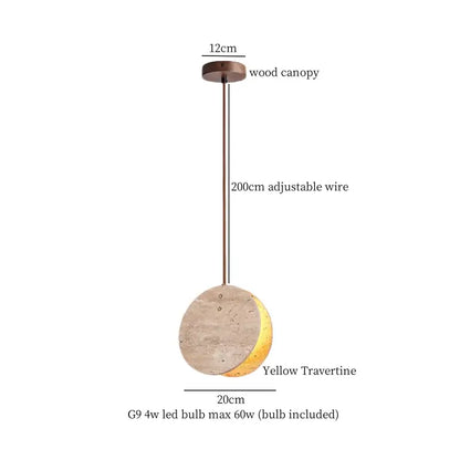 A decorbites led hanging lamp with a yellow travertine circular shade suspended from a wooden canopy for indoor use
