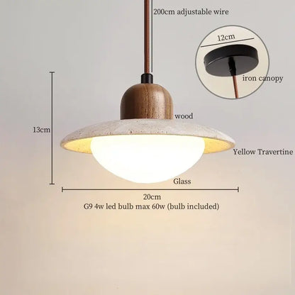 DecorBites led hanging lamps featuring a yellow travertine circular shade with wood top and iron canopy for living space lighting