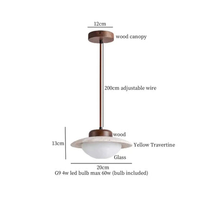 A decorbites led hanging lamp with a yellow travertine glass shade wood canopy and adjustable bronze wire for indoor use