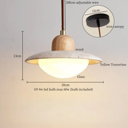A modern decorbites led hanging lamp with a wooden top yellow travertine shade and gold-toned metal accents