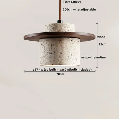 Rustic decorbites led hanging pendant light with yellow travertine cylindrical shade and dark wood canopy suspension