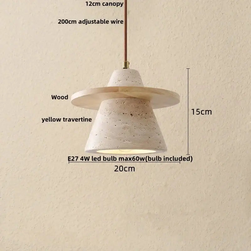Decorbites led hanging pendant light with textured yellow travertine cone, wooden canopy, and adjustable wire suspension
