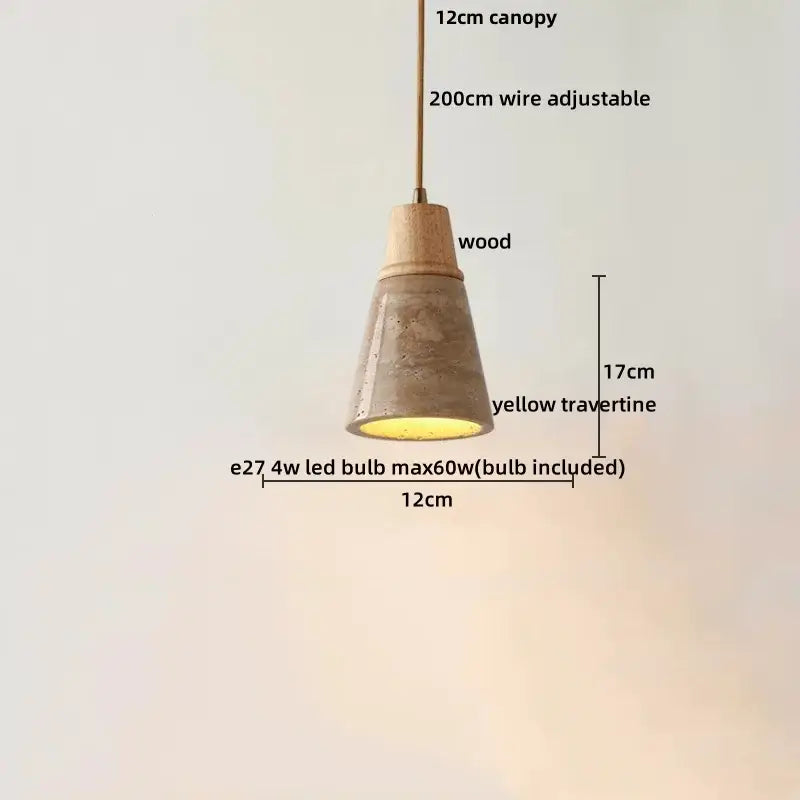 Decorbites led hanging pendant light with yellow travertine conical shade and wooden top on adjustable wire suspension