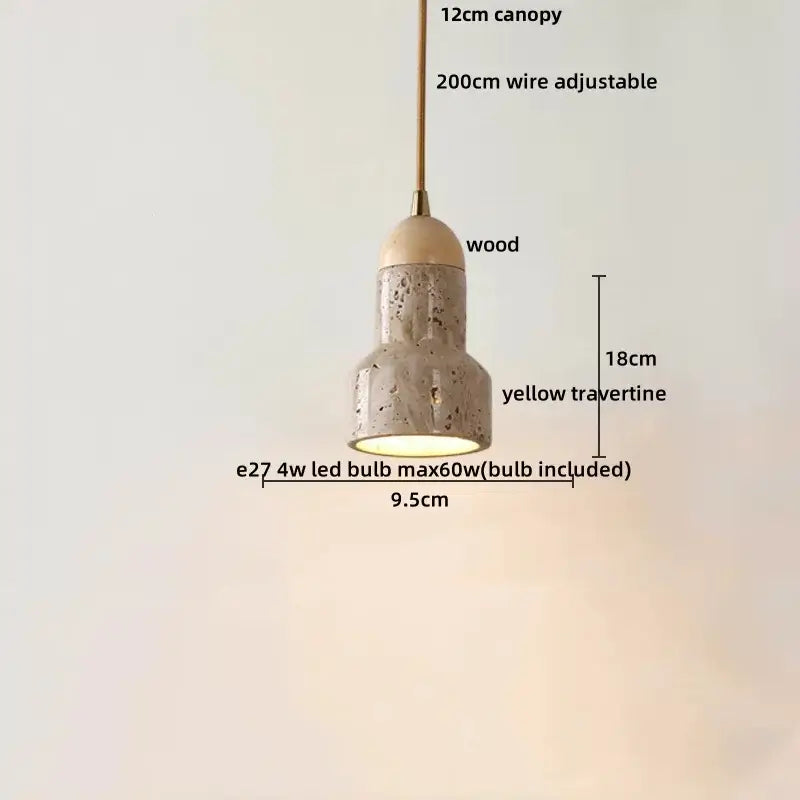 DecorBites led hanging pendant light with textured yellow travertine body wooden canopy and brass-finished wire