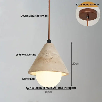 DecorBites™ LED hanging pendant light with textured yellow travertine cone shade and copper wire adjustable suspension