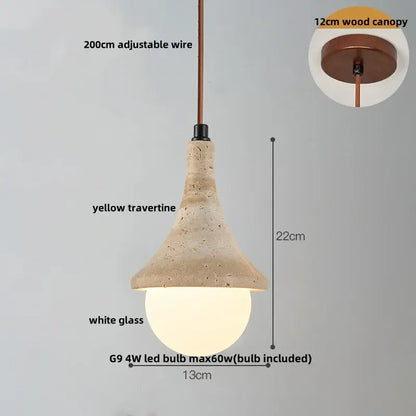 Decorbites led hanging pendant light with textured yellow travertine shade and copper wire adjustable suspension