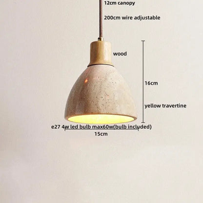 A pendant light with a wooden canopy and yellow travertine shade from DecorBites LED hanging collection
