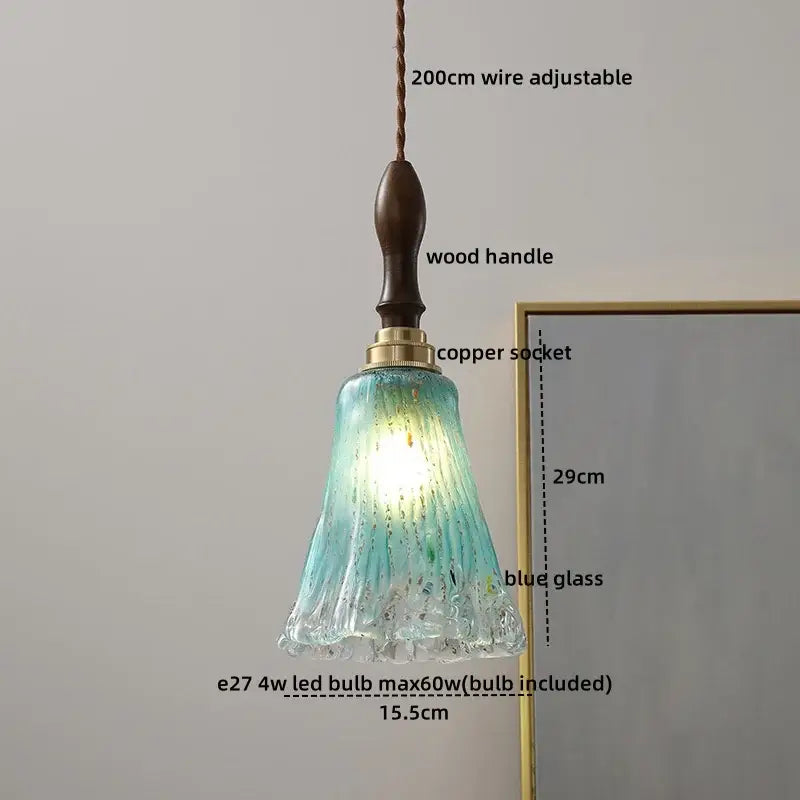 Decorbites led hanging light with delicate blue glass bell-shaped shade wooden handle and copper socket for modern interiors