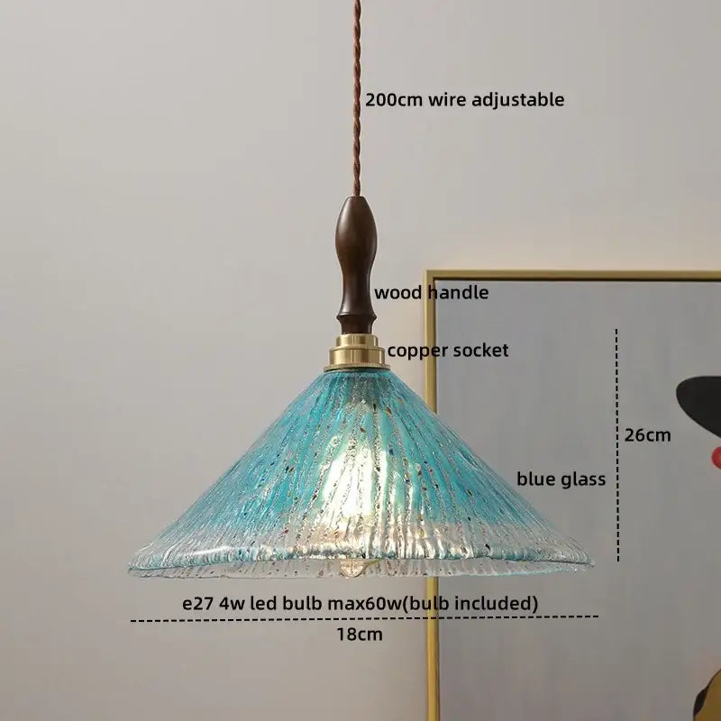 DecorBites led hanging light features a delicate blue textured glass pendant with a dark wood handle for modern spaces