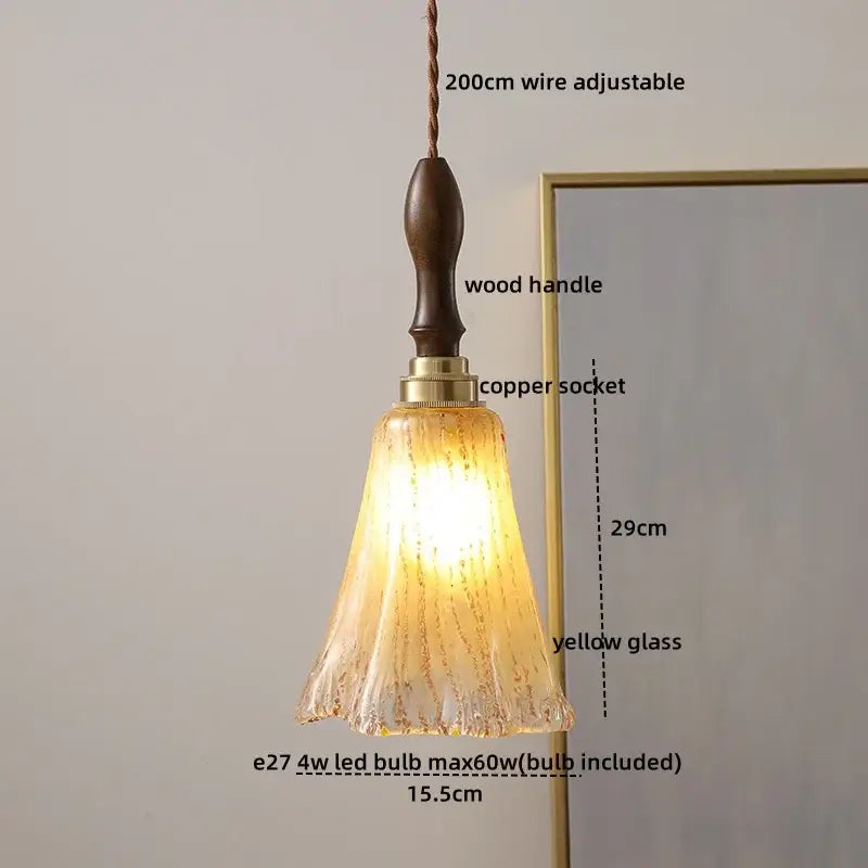 DecorBites led hanging amber yellow glass pendant lamp with fluted texture and dark wood handle for modern interiors