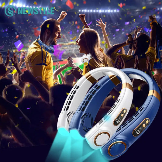Decorbites™ blue and white neck cooling fan with gold accents features colorful atmosphere lights and usb 5th gear operation