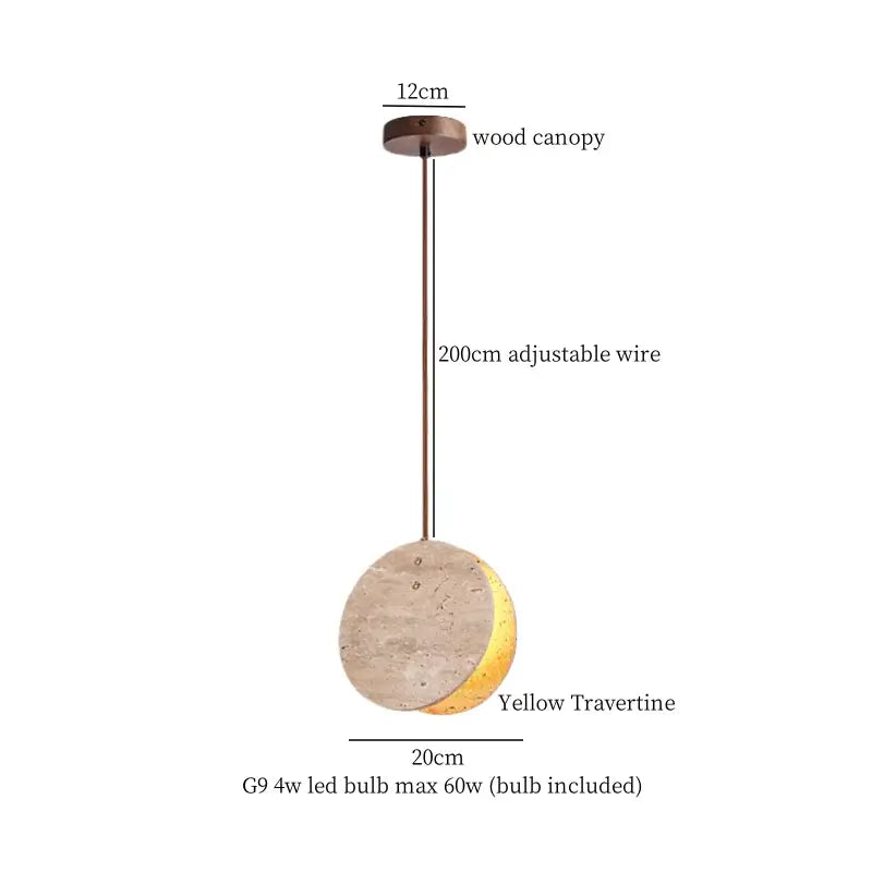 Decorbites led hanging pendant light with circular yellow travertine shade and wooden canopy for living room