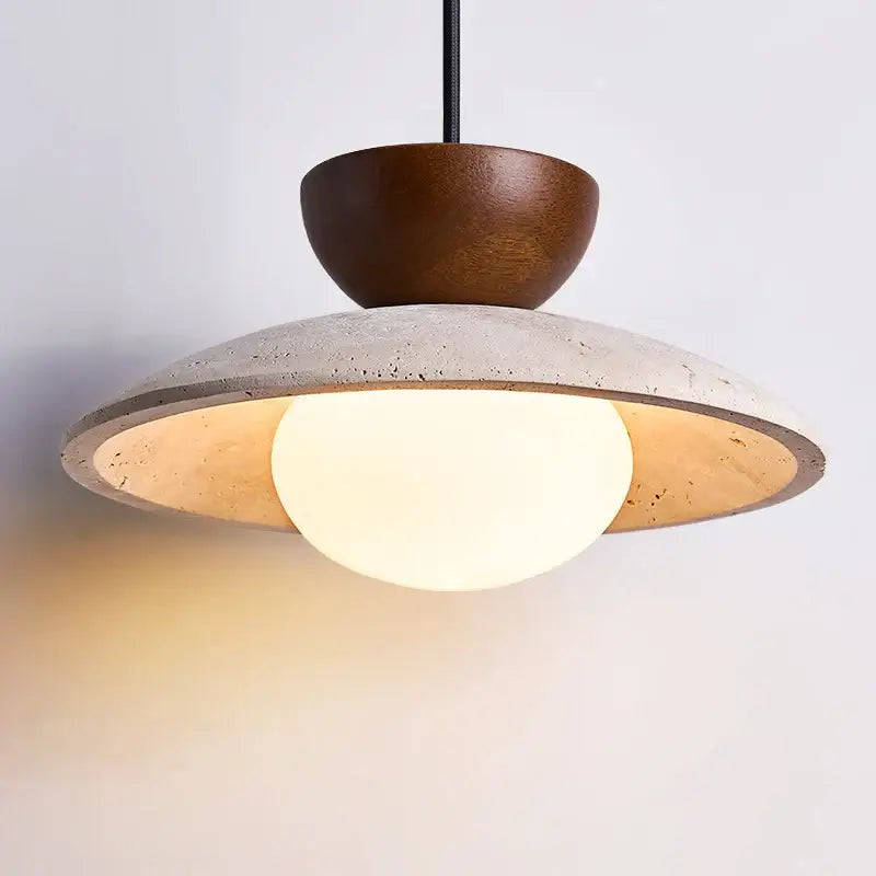 Decorbites led hanging pendant light with warm wood top, concrete ring, and frosted glass globe for living room use