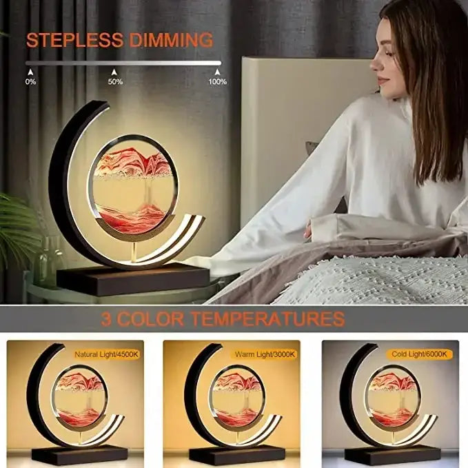 Modern crescent-shaped decorbites led hourglass with red and gold sand art and natural warm cold light settings