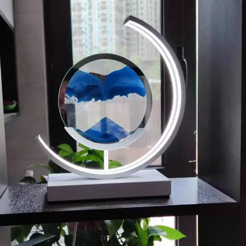 Modern decorbites led hourglass crescent-shaped desk lamp with blue and white hourglass quicksand centerpiece glass