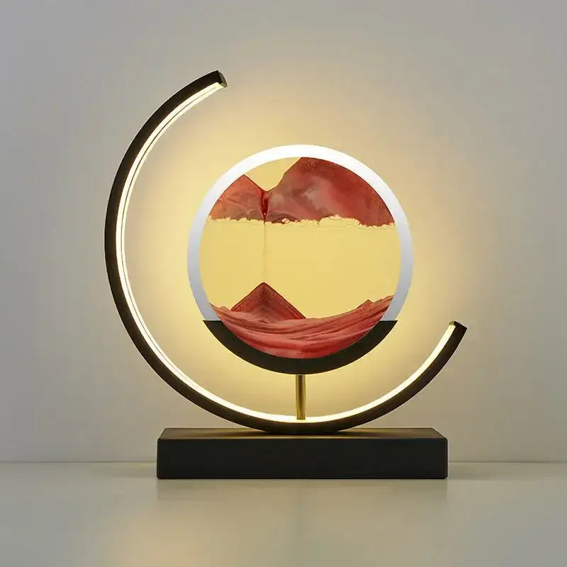 Modern crescent-shaped decorbites led hourglass lamp with red and yellow sand art on black base for desk decor