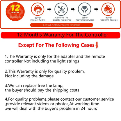 The back side of decorbites™ led icicle string lights showing a 12-month warranty policy with exclusions for damage and light strings