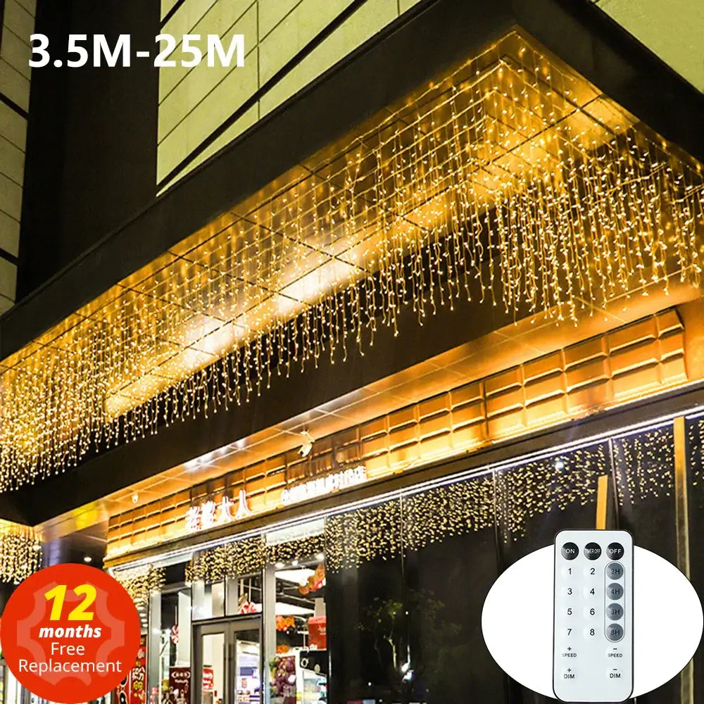 DecorBites™ golden led icicle string lights with remote control for adjustable outdoor holiday decor settings