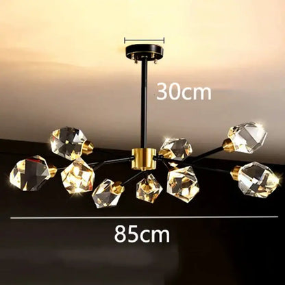 DecorBites LED indoor chandelier lighting with black rod gold accents and faceted crystal bulbs for living room use