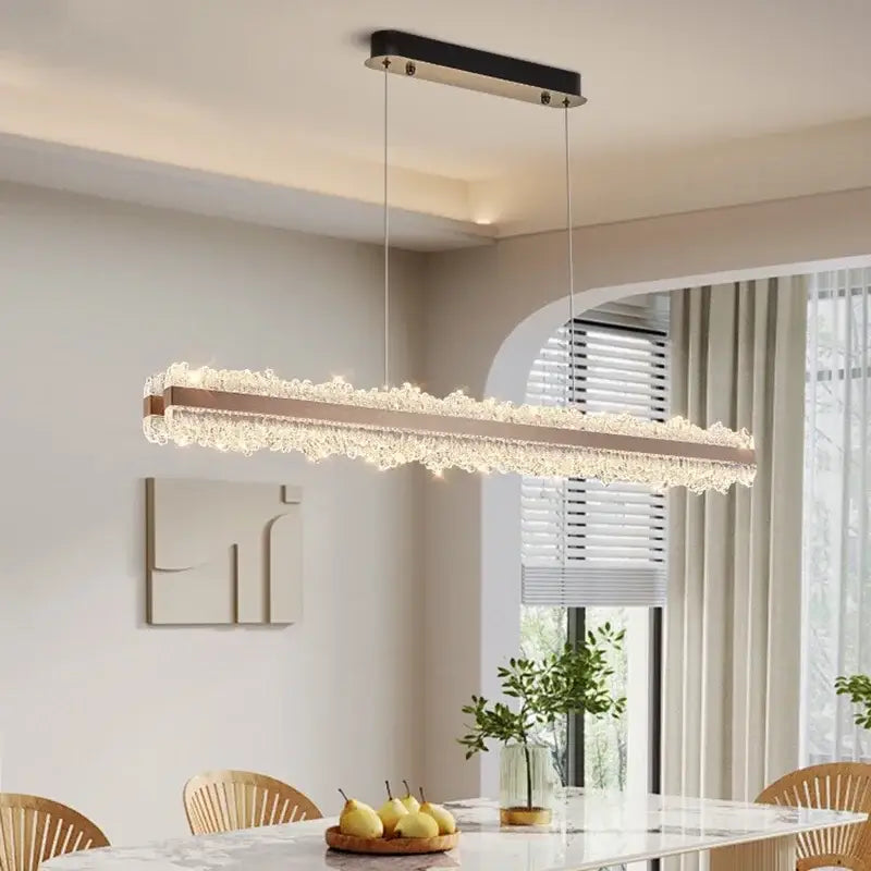Modern rectangular decorbites led indoor chandelier with black top, copper frame, and cascading crystals for bedroom decor lighting
