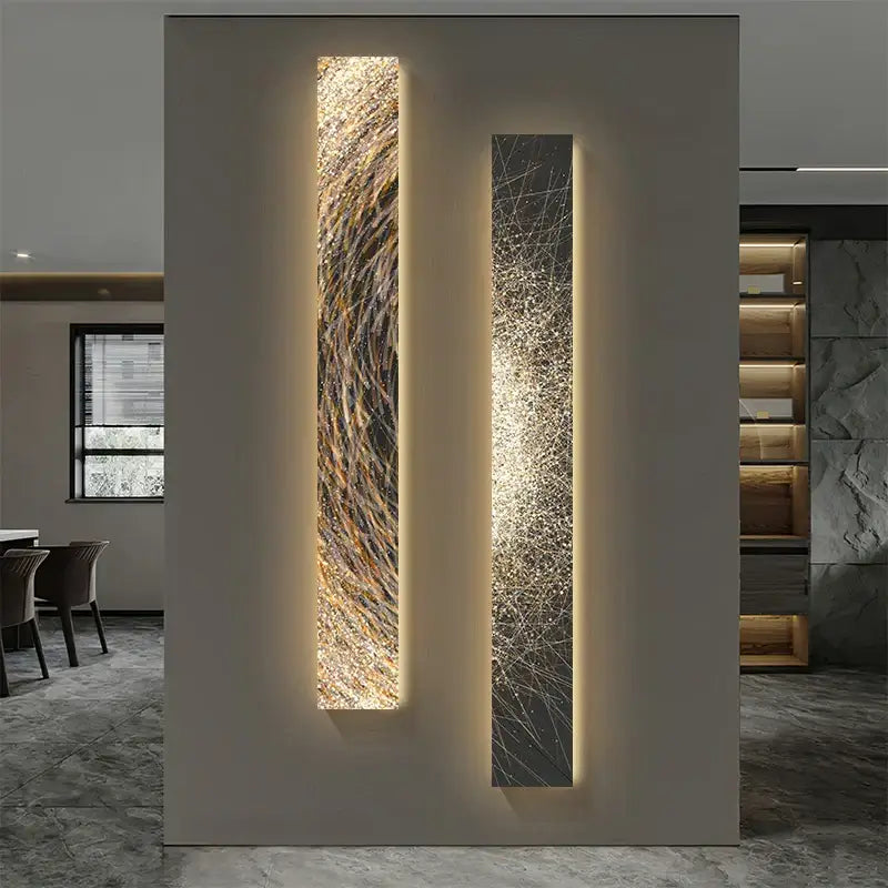 Two vertical decorbites led indoor painting wall lamps with textured golden and dark gray abstract patterns for living room use