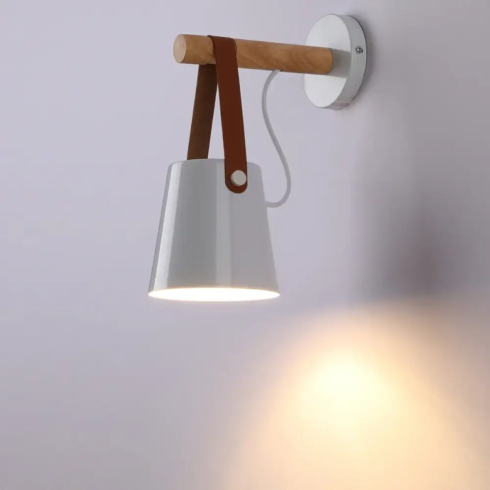 Decorbites led indoor white conical metal wall lamp with brown leather straps for living room and bedroom lighting