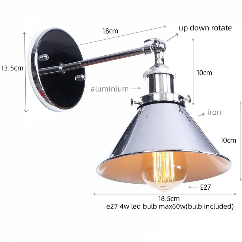 Chrome-finished decorbites led indoor wall lamp with conical iron shade and adjustable aluminum arm for bathroom mirror lighting