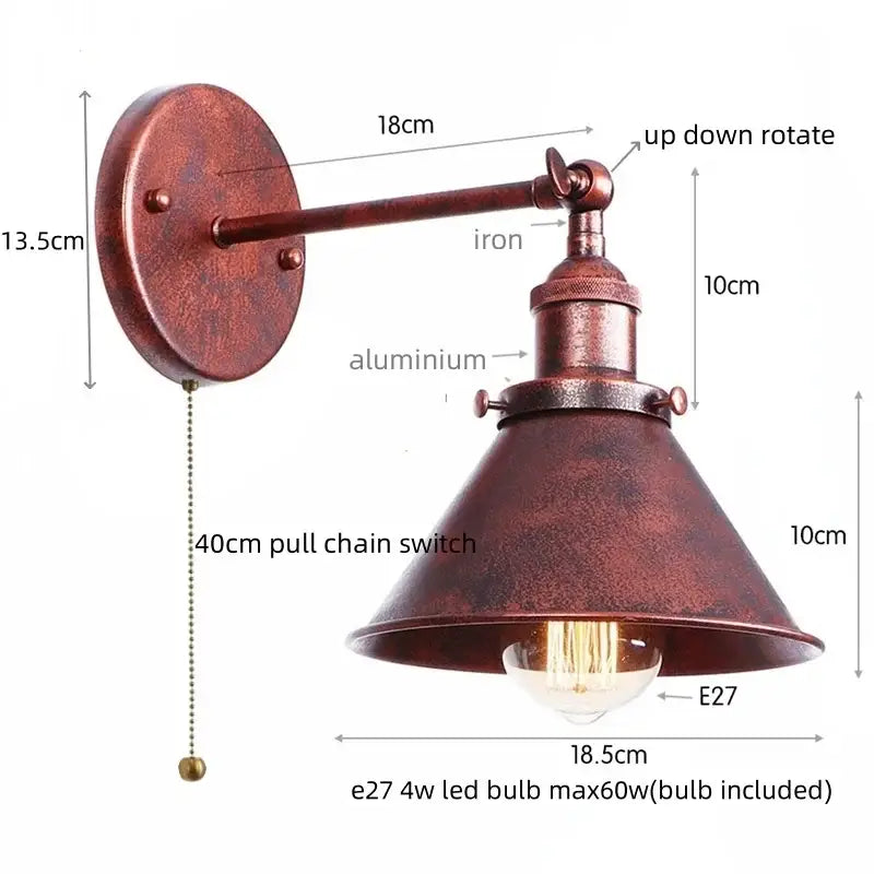 Rustic copper-finished industrial wall lamp decorbites led indoor with conical shade and adjustable arm for home decor