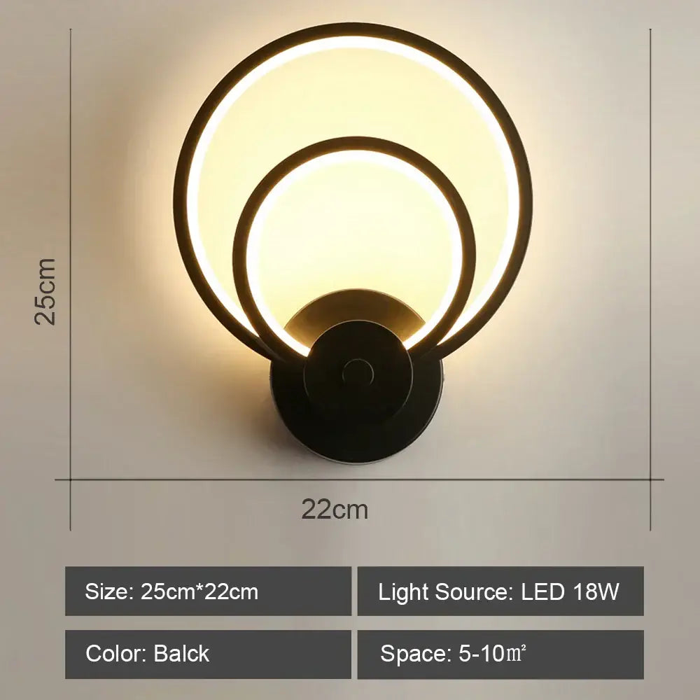 Modern black circular decorbites led indoor wall light with two concentric illuminated rings for home lighting