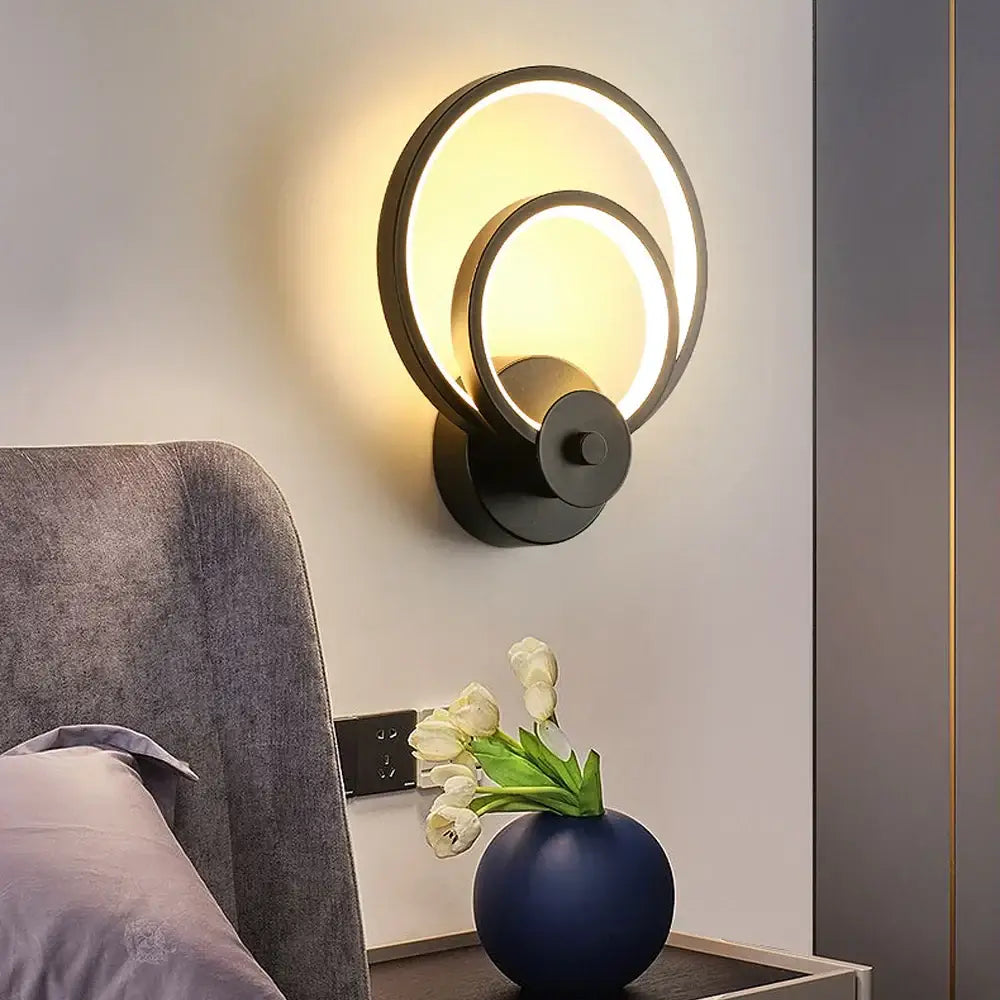 Modern black circular decorbites led indoor wall light with two concentric illuminated rings for home lighting
